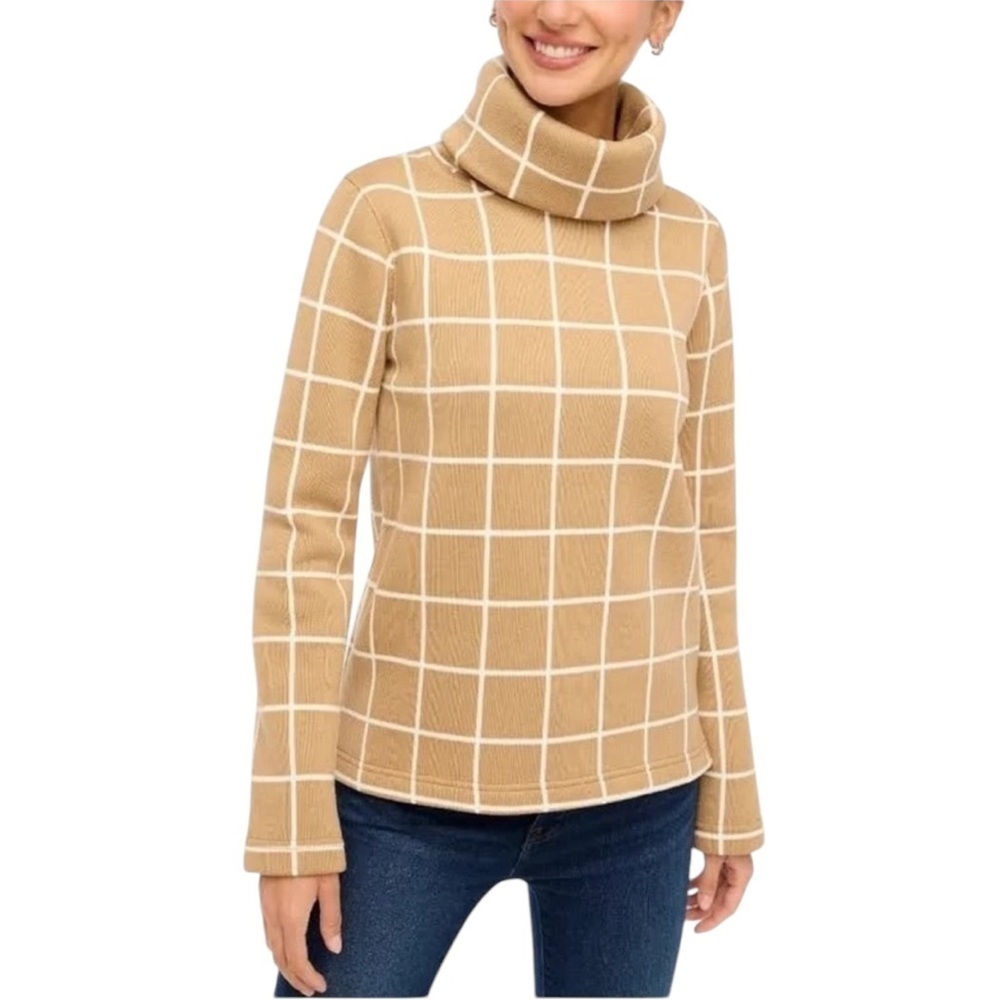 J. Crew Windowpane Fleece Lined Funnelneck Pullover Sweater Camel Tan Size M